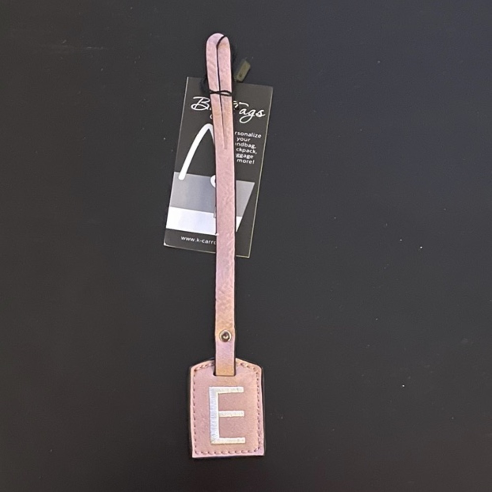NWT “K•Carroll” Bag Tag,  Monogram Letter "E" Pink Bag Tag with "White" Letter